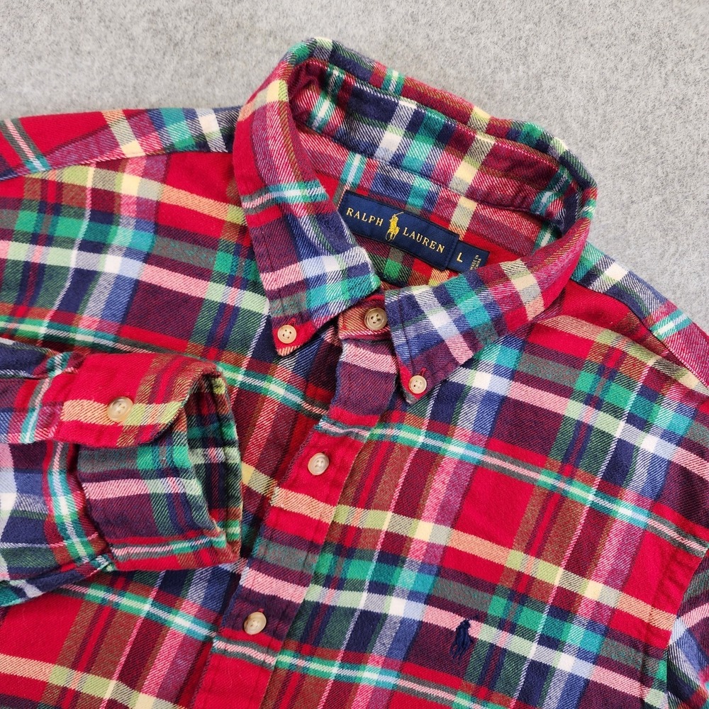 Ralph‎ Lauren Mens L Red Green Plaid Flannel Shirt Long Sleeve Button Down
